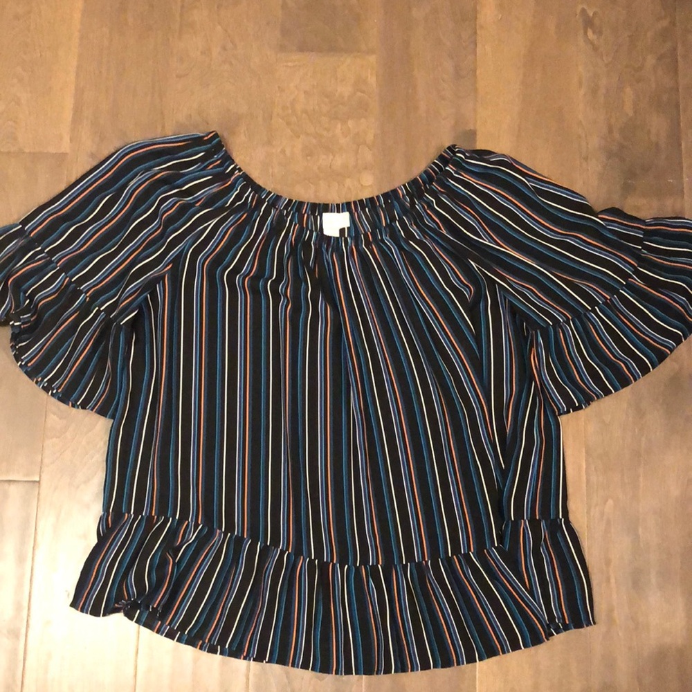 LOFT Outlet black Striped women’s Blouse top loose fit ruffle